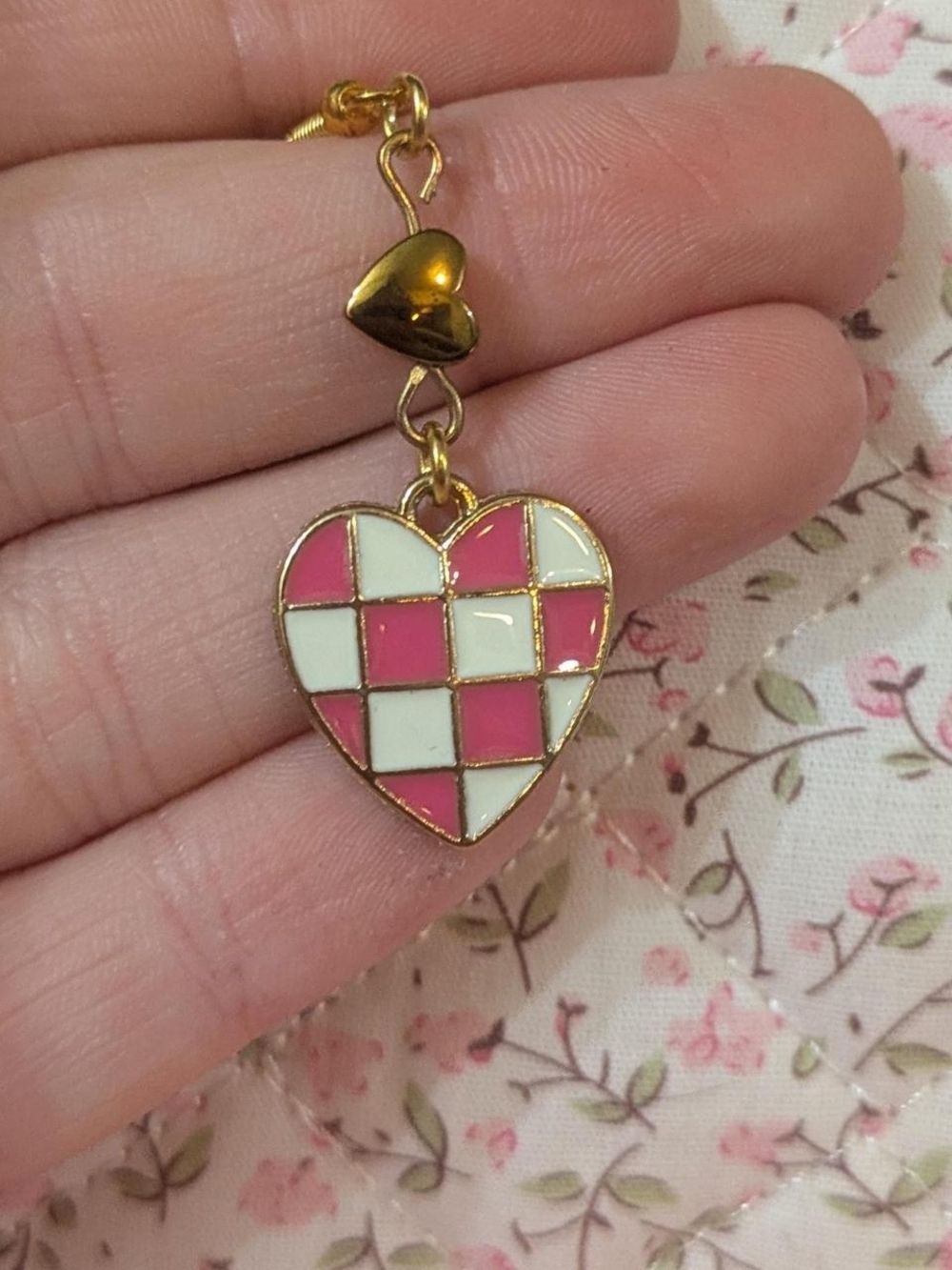 Gold Pink and White Checkerboard Heart Drop Earring